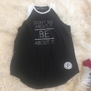 Pure Barre sleeveless baseball tee graphic